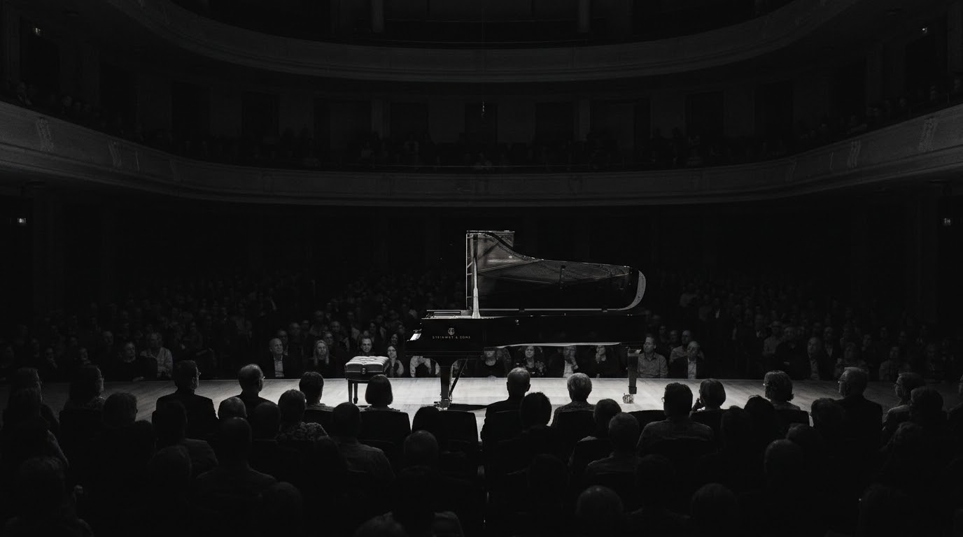 A grand piano and bench on a quiet concert stage
